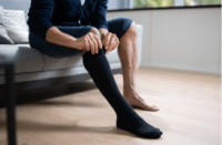 Man Putting On Medical Compression Stockings On Legs